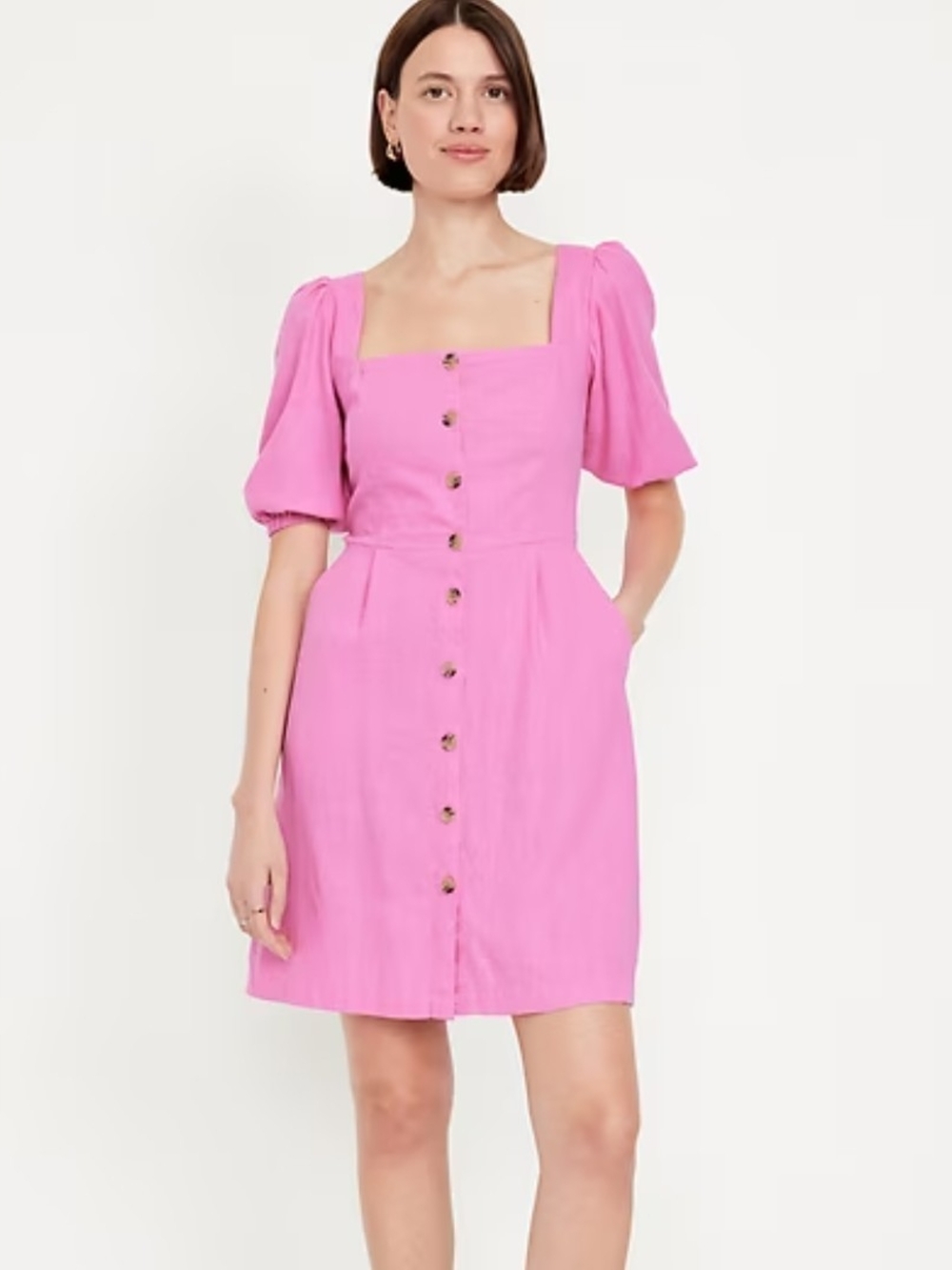 Old Navy Linen Blend Pink Puff Sleeve Button-Front Mini Dress SZ S Tall NWTs